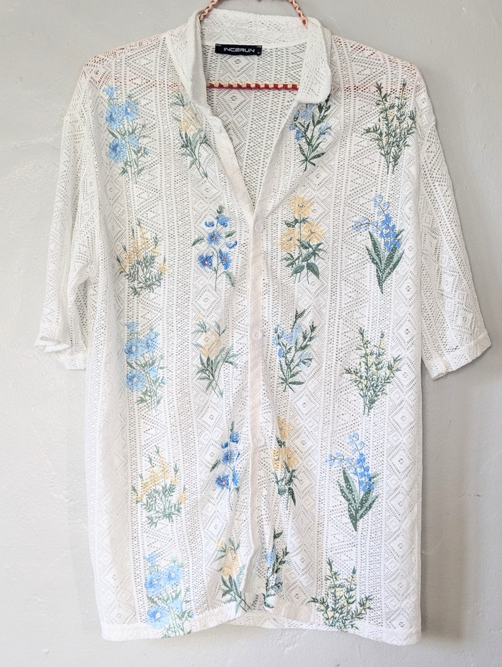 INCERUN Men’s White Lace Crochet Floral Button Down Shirt - XL